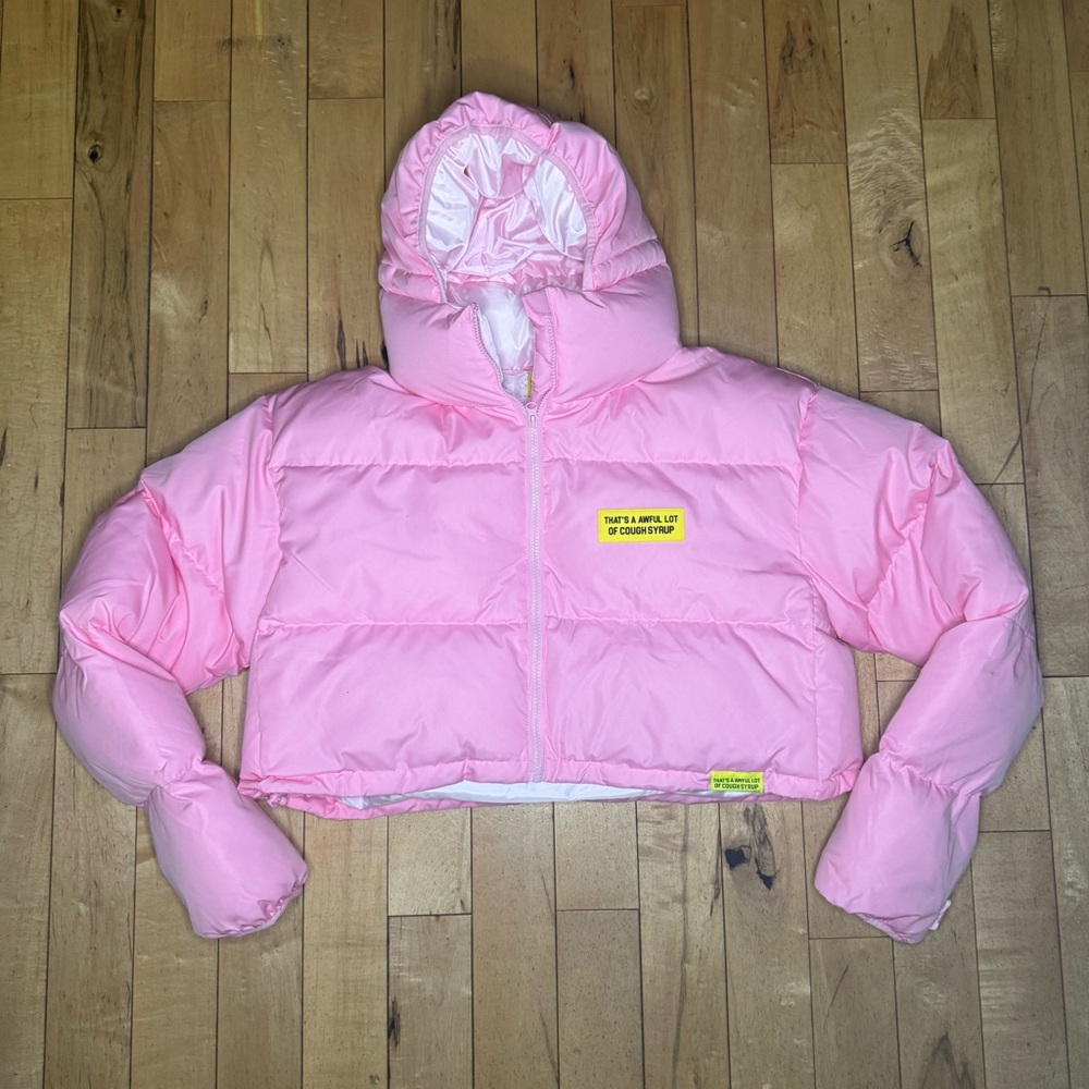 That’s A Awful lot Of Cough Syrup Pink Women’s Cropped Puffer Jacket Size XL - Picture 2 of 6